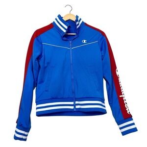 Champion Womens Blue Track Jacket Full‎ Zip Script Logo Stripe Small